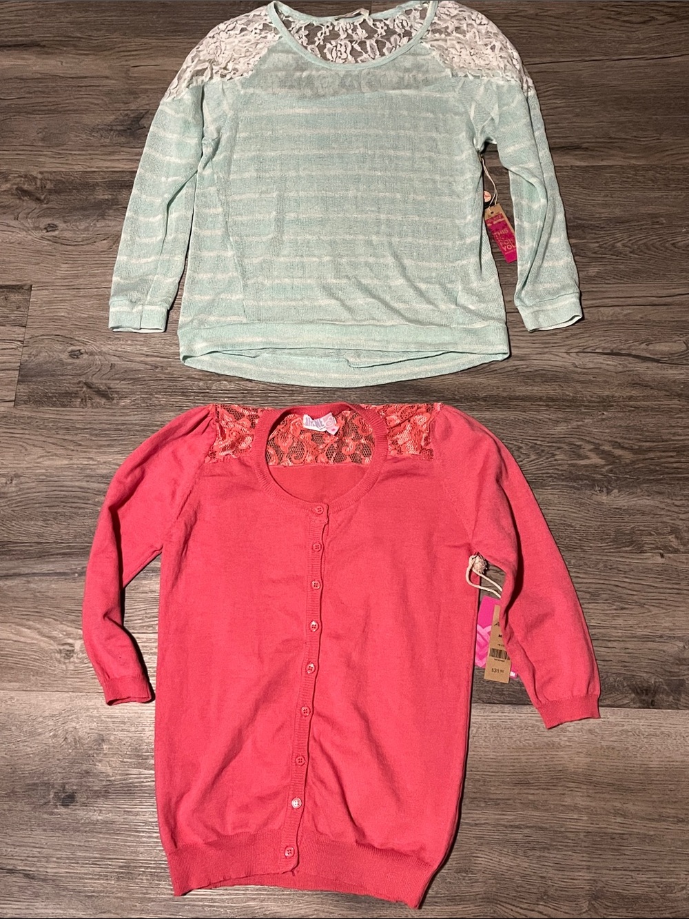Ardene Lace Yoke Sweater Set Tops in Mint and Coral